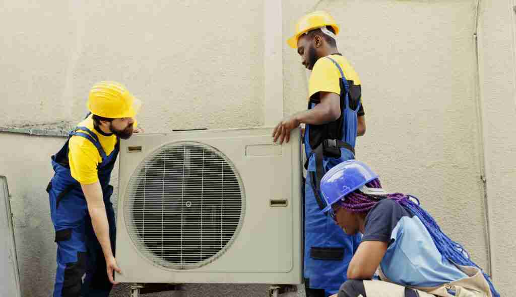 ac repairing team replacing old air conditioner